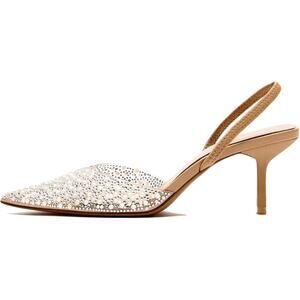 YIYA Womens Size 6.5 White Pearl Stud Clear Closed Toe Slingback 3" Heel Shoes